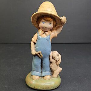 Lucille Neuman Hand Painted Ceramic Figurine Of Farming Child Wil Puppy Dog CA